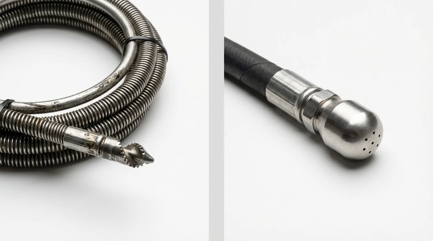 Drain snake cable and hydro jetting nozzle used for drain cleaning in Woodburn, OR
