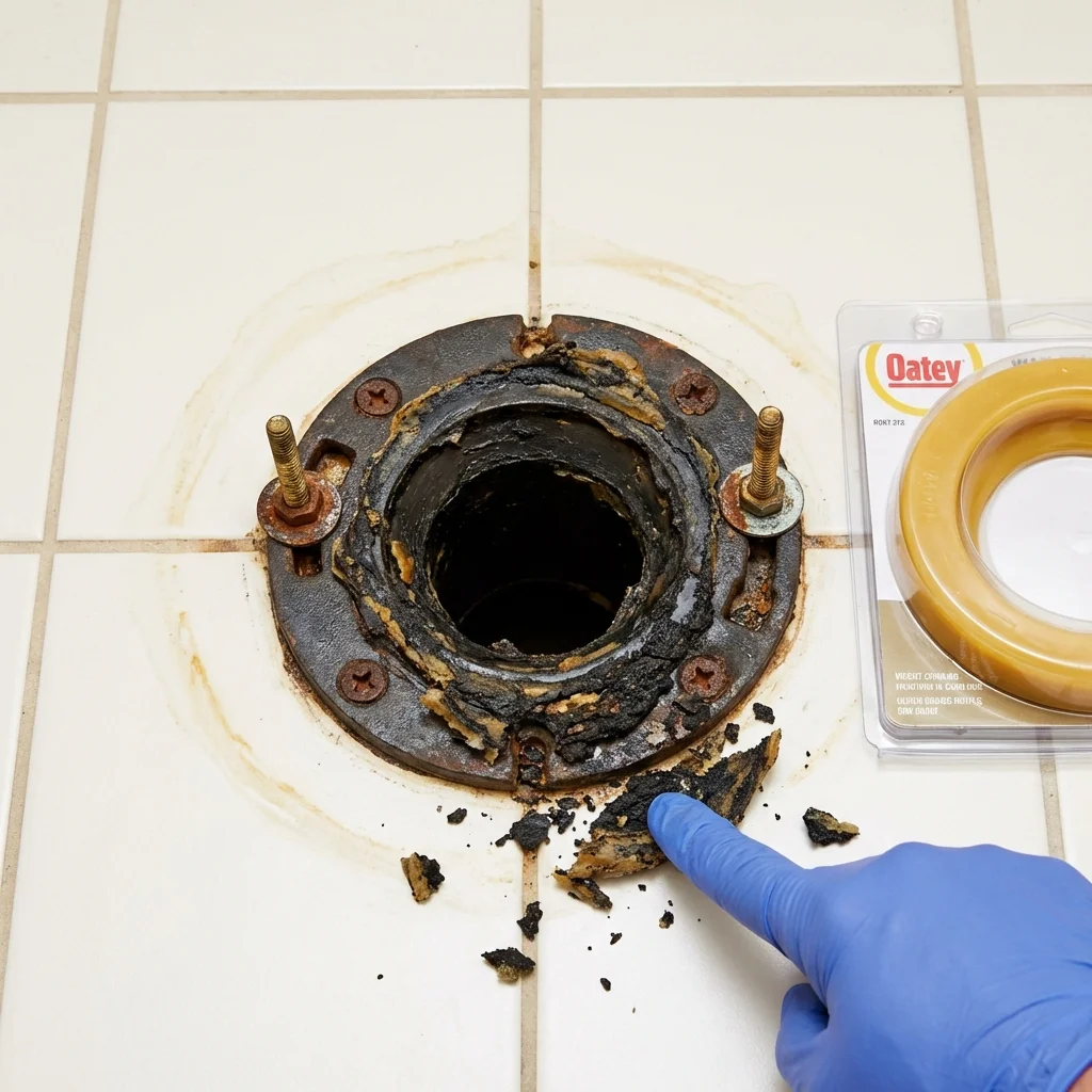 Failed wax ring showing water seepage at the base of a toilet in a Woodburn, OR home