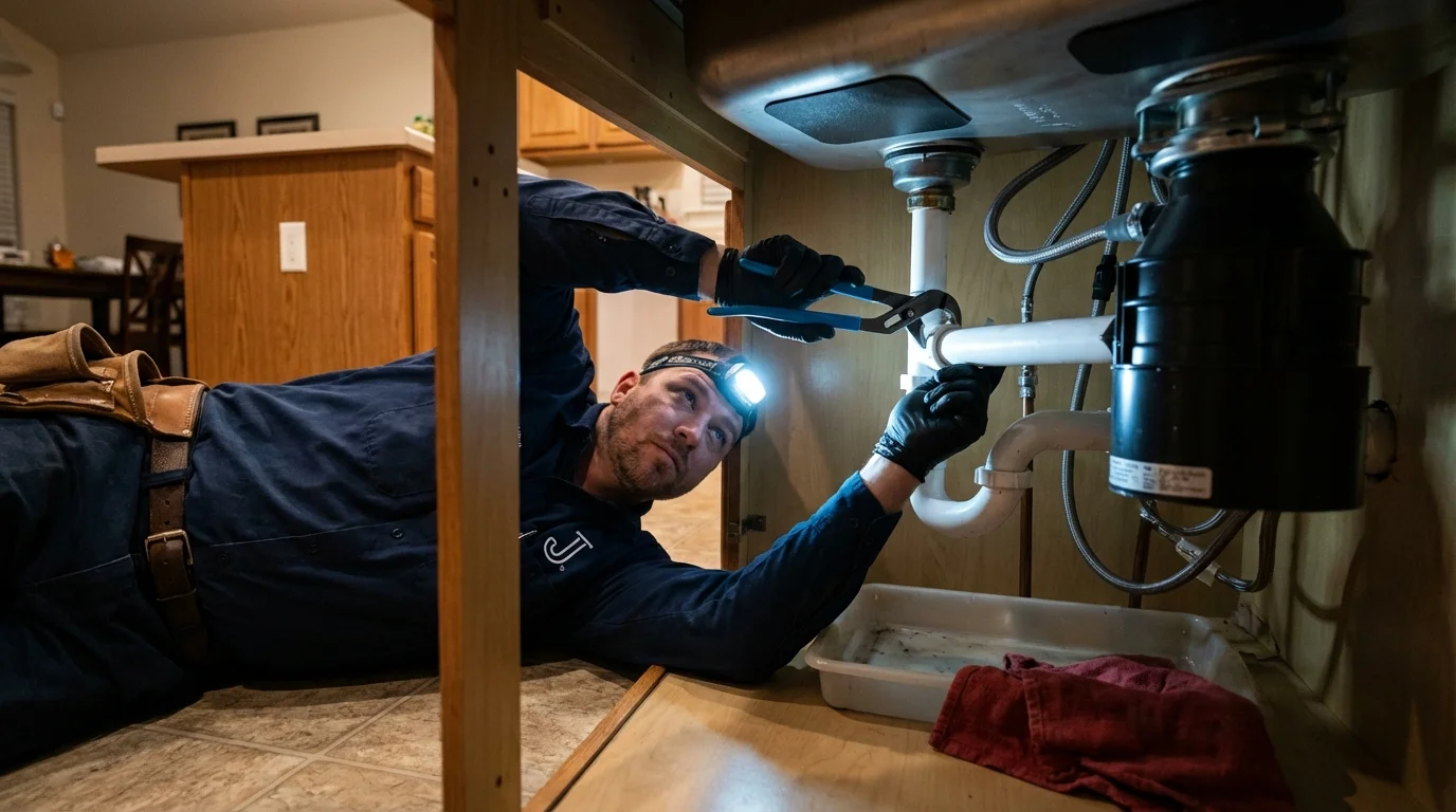P-trap and supply line connections under a kitchen sink showing a common leak point in Woodburn, OR
